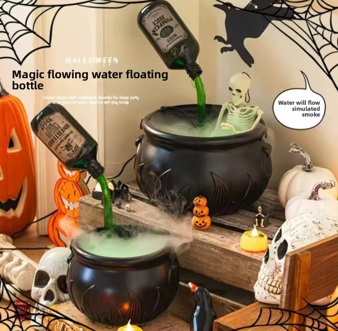 Witch Cauldron Decoration with Magic Potion Bottle & Mist Maker – Halloween Prop