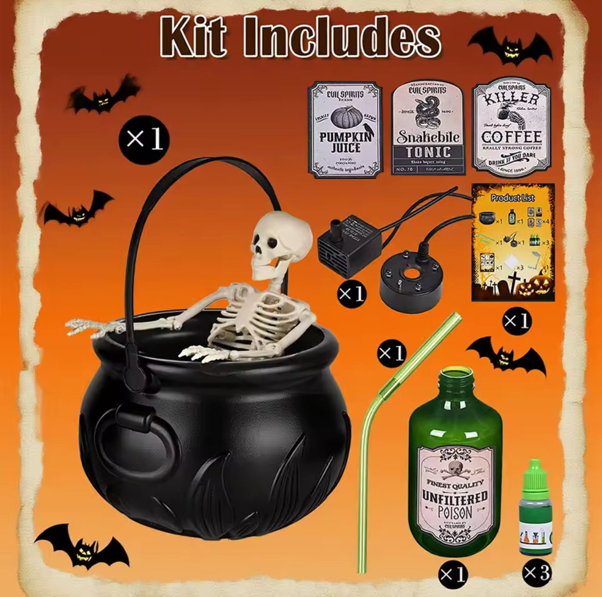 Witch Cauldron Decoration with Magic Potion Bottle & Mist Maker – Halloween Prop